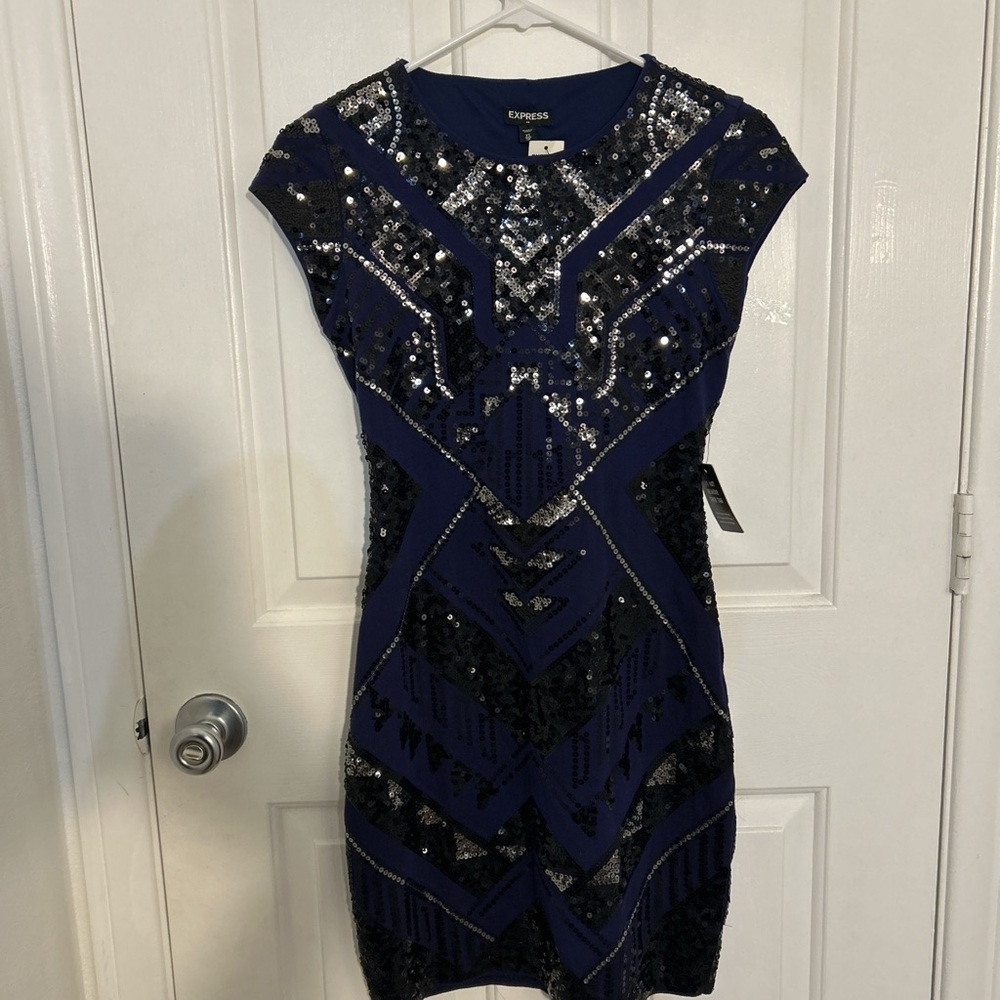 Express Blue and Silver Embellished Mini Dress